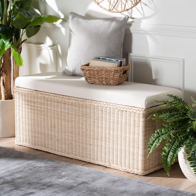 Barid Braided Natural Rattan Storage Bench with Lift-Top - Coastal Boho Chest for Bedroom or Living Room, Natural