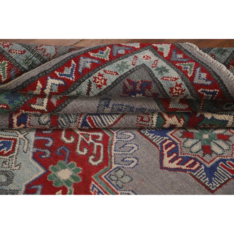 Geometric Kazak Area Rug Handmade Oriental Grey Wool Carpet - 5'6" x 7'9"