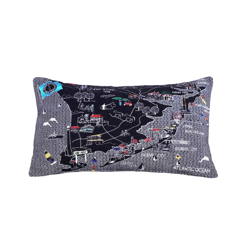 HomeRoots 14" X 25" Dark Gray And White Lumbar Jersey Shore Nighttime Skyline Lumbar Decorative Pillow