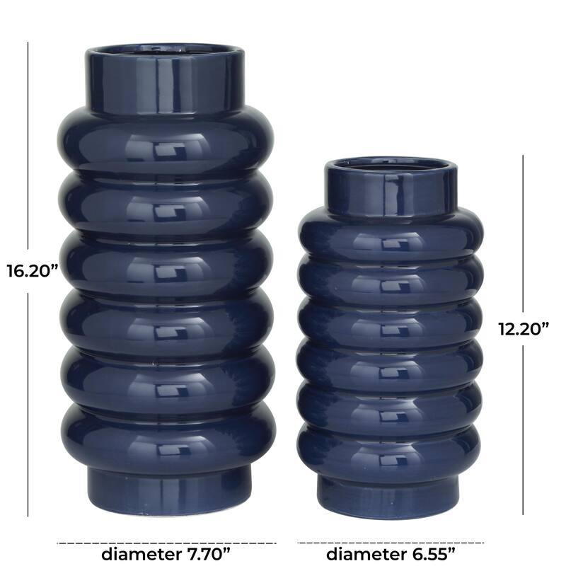 Ceramic Decorative Vase with Ring Ribbing - Set of 2 White, Yellow, Dark Blue - CosmoLiving by Cosmopolitan