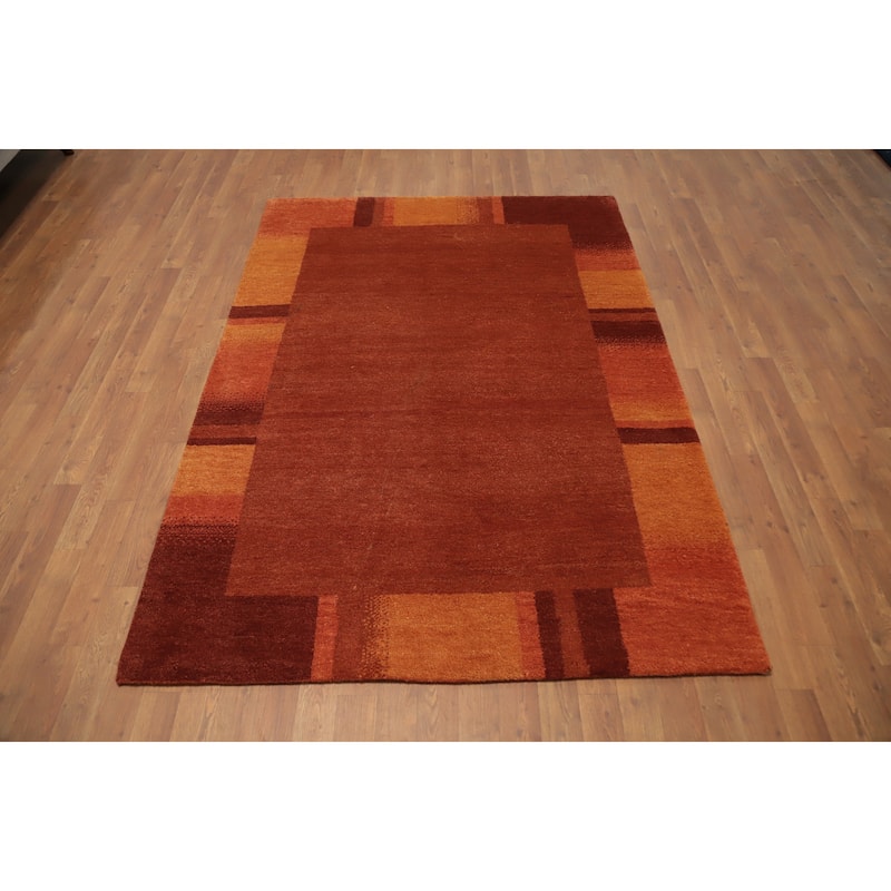 Hand Knotted Oriental 100% Wool Carpet Modern Solid Oranges & Rust Gabbeh Area Rug - 6' 6'' X 4' 8''
