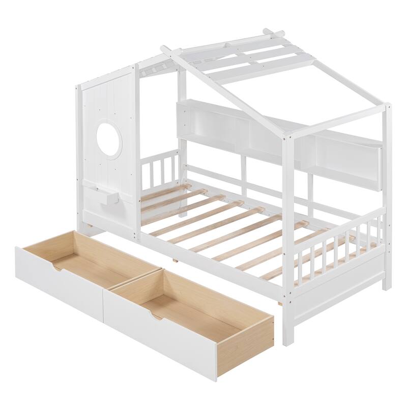 Wooden House Bed with 2 Large Drawers & Built-In Shelves by Harper&Bright Designs