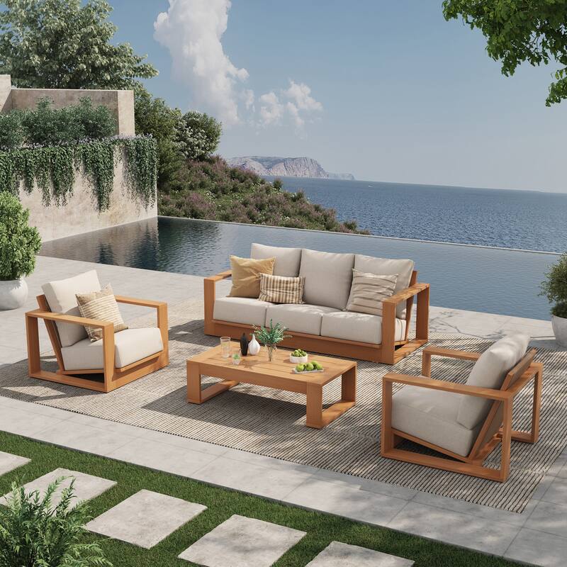 Outdoor Conversation Set 4-Piece Eucalyptus Wood 3-Seater Sofa Weather‑resistant Rope Weave with Coffee Table - Natural & Beige