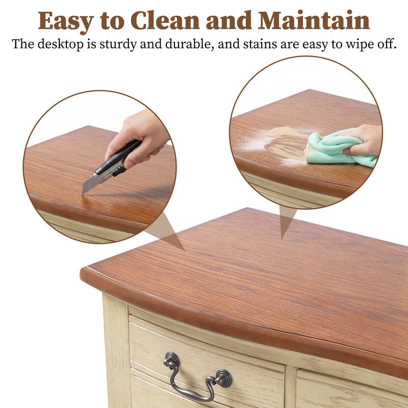 Vanity Desk with Curved Flower Frame Mirror, Dressing Table Set with 5 Drawers & Leather Stool, Wood Makeup Table for Bedroom