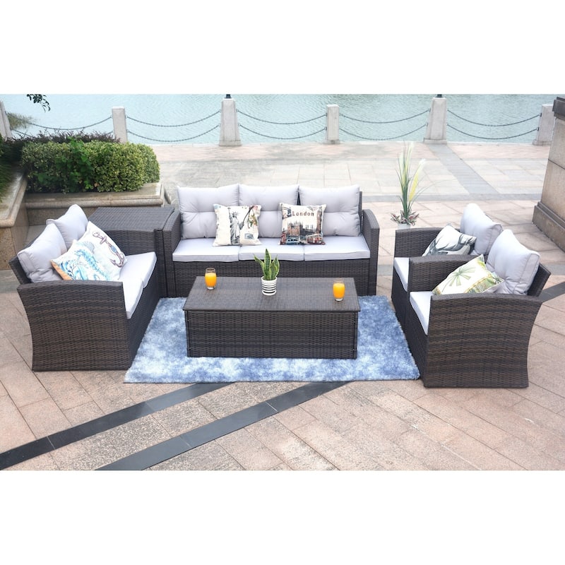 Moda 6 Pieces Wicker Sofa Set Outdoor Sectional Furniture(including a rain cover) - 9' x 12' - Brown