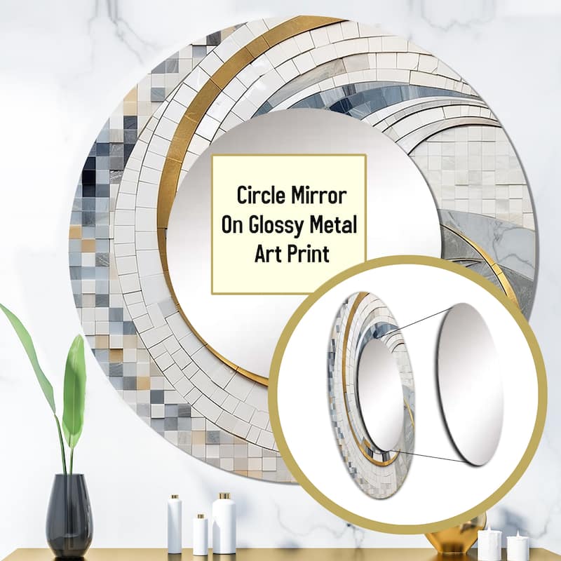 Designart "Grey and Yellow Mosaic II" Abstract Shapes Large Round Mirror - Modern Grey Round Printed Mirror