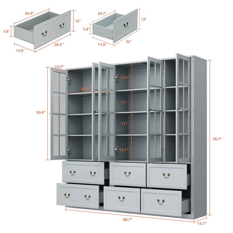 78.7" Combo Buffet Bookcase Storage Cabinet Glass Bookshelf Display