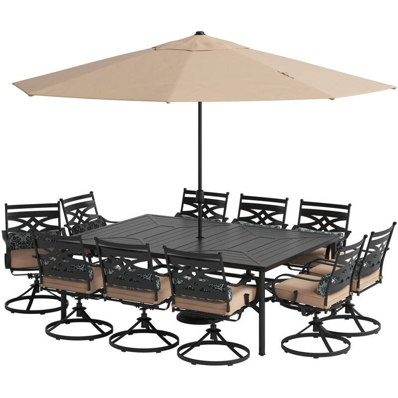 Hanover Montclair 11-Piece Dining Set in Tan with 10 Swivel Rockers, 60-In. x 84-In. Table, 11-Ft. Umbrella and Umbrella Stand