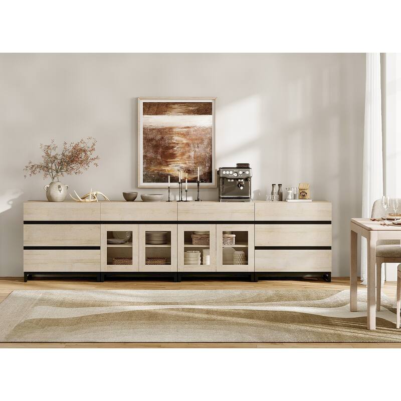 4 in 1 Sideboard with 8 Glass Doors & Drawers, Adjustable Shelf, Metal Base. Coffee Bar Storage for Living Room, Kitchen