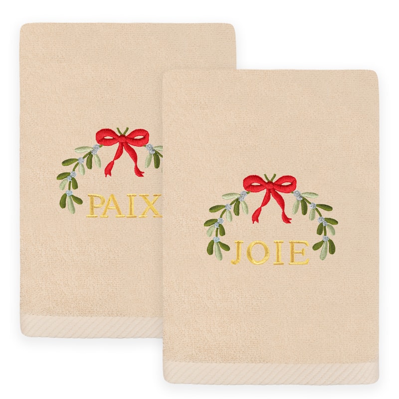 Authentic Hotel and Spa Christmas MISTLETOE PAIX and JOIE Embroidered Luxury 100% Turkish Cotton Hand Towels Set of 2 - Sand