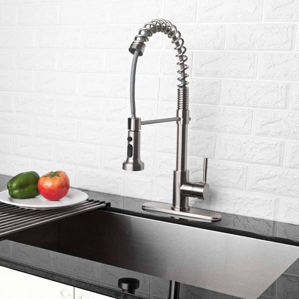 Single-Handle Pull-Out Sprayer Kitchen Faucet in Brushed Nickel - Faucet Height :19.25" Spout Height :9.28"