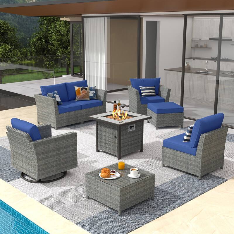 XIZZI 8-piece Outdoor Furniture Wicker Sofa Set with Fire Pit - Navy Blue