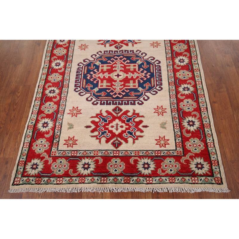 Ivory Geometric Kazak Accent Rug Hand-Knotted Wool Carpet - 2'10" x 3'10"