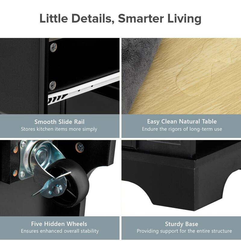 Rolling Kitchen Island with Drop Leaf, 6 Drawers, 5 Wheels, Pull Out Trash Can Storage, Power Outlet & 5 Open Side Racks