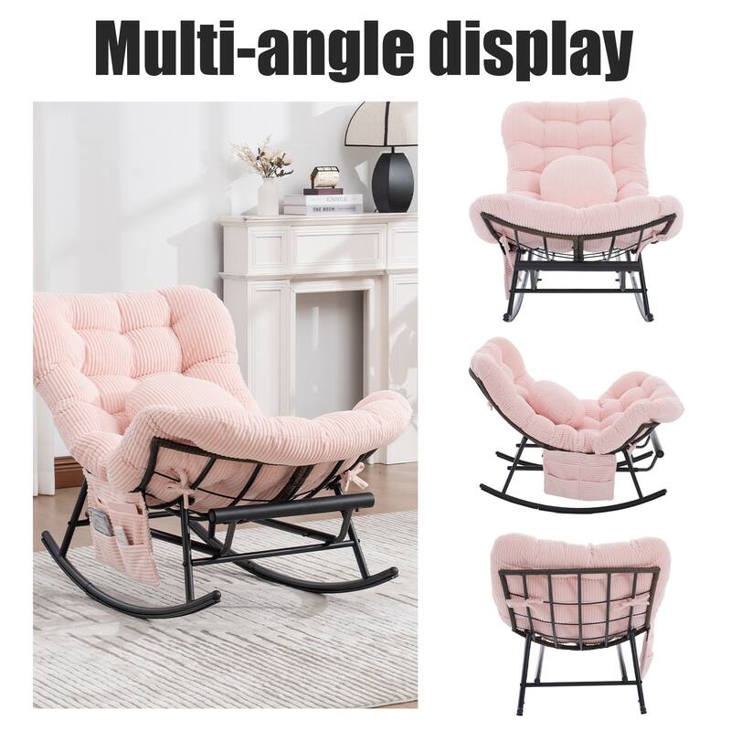 HOMEFUN Corduroy Upholstered Egg Shaped Design Steel Frame Rocking Chair with Side Pocket and Foot Pedal