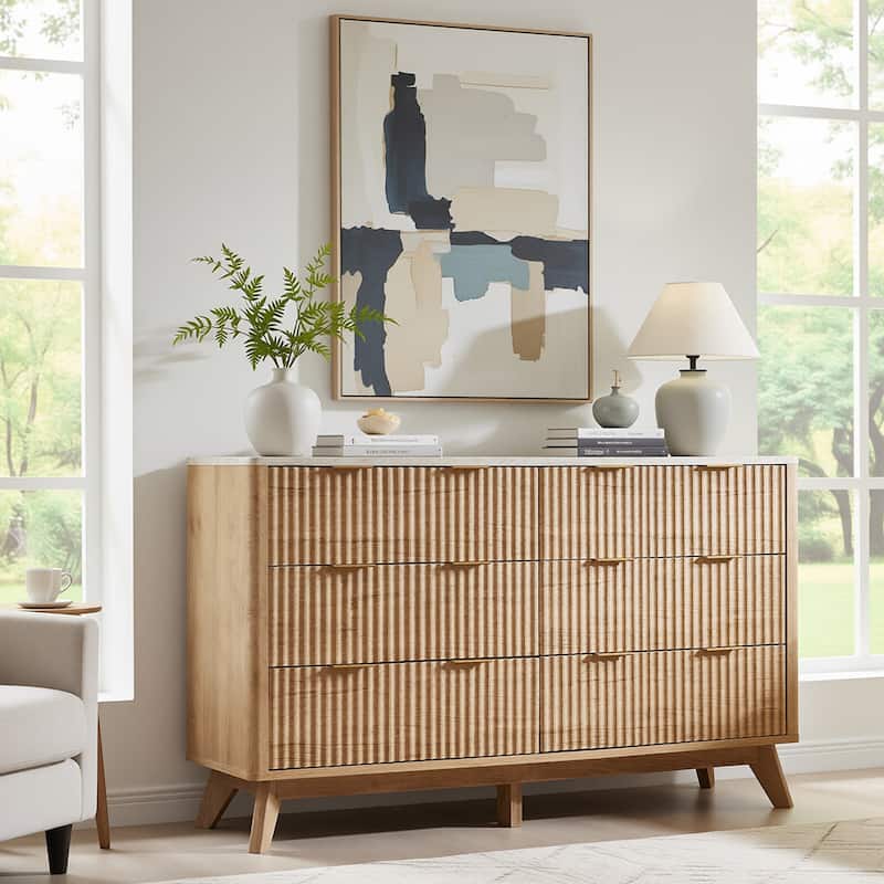 Fluted 6 Drawers Dresser, Modern Chest of Drawers, for Bedroom - Oak