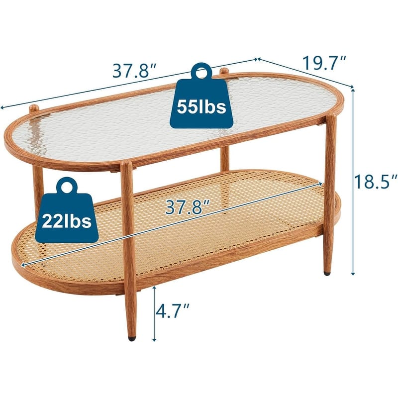 VINGLI Double-Layer Oval Ripple Glass and PE Rattan Tabletop Paired with Heat Transfer Wood Grain Iron Frame Coffee Table