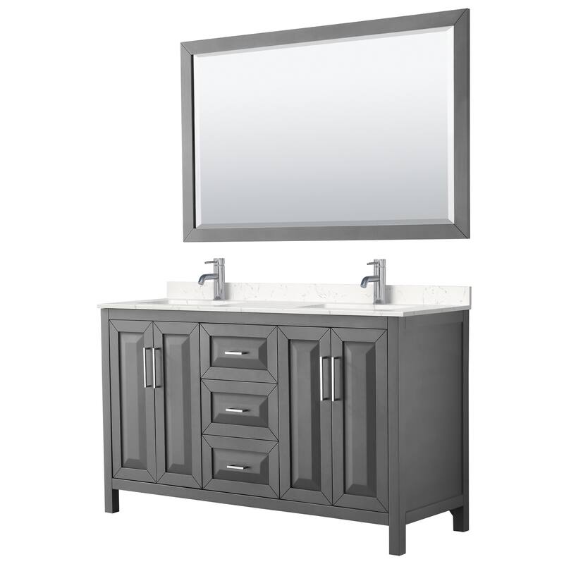 Daria 60 Inch Double Vanity, Cultured Marble Top, 58 Inch Mirror - Dark Gray, Chrome Trim,Carrara Cultured Marble Top