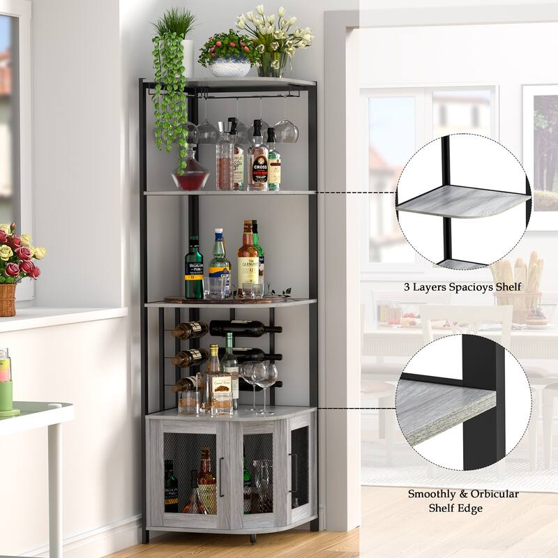 Anmytek 5 Tier Industrial Wooden Corner Wine Rack with Glass Holder & Storage Shelves