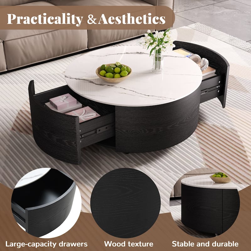 Modern Round Coffee Table with Casters, 2-Drawer Mobile Table with Marble Pattern Sintered Stone Top