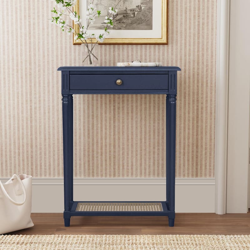 Lenora 1-drawer Solid Wood Console Accent Table with Cane Shelf by East at Main - Navy-Blue