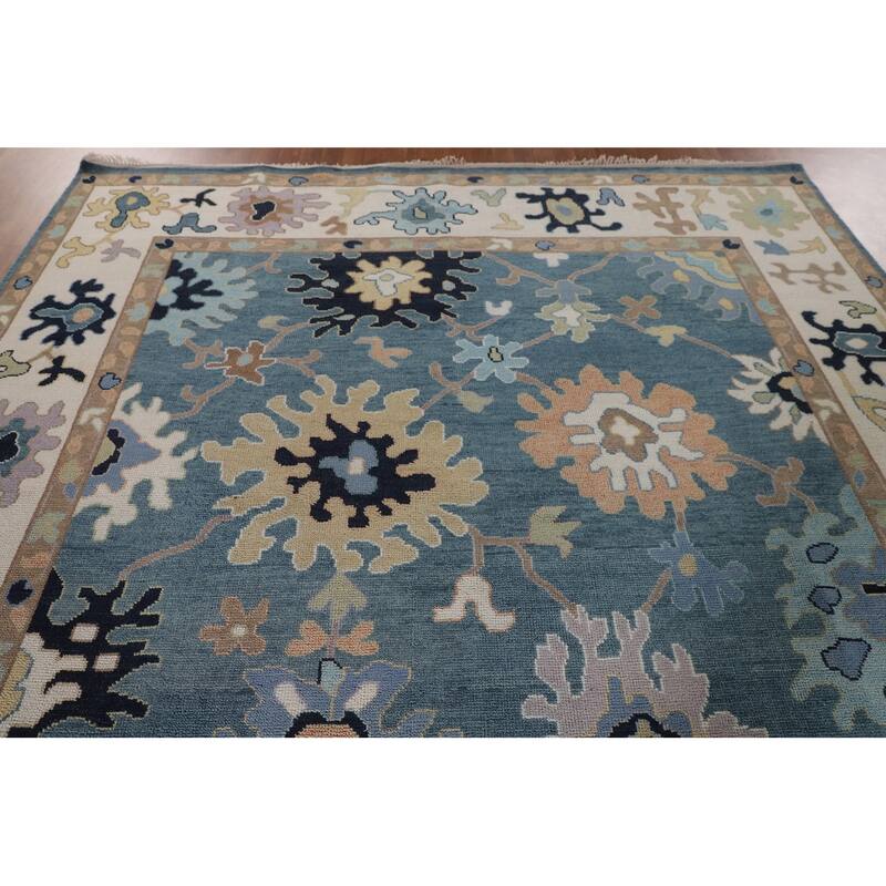 Floral Blue Oushak Oriental Area Rug Handmade Wool Carpet - 9'0"x 11'10"