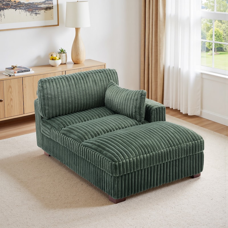 41" W Plush Corduroy Chaise Lounge with Pillows - Right Facing - Green-Chaise