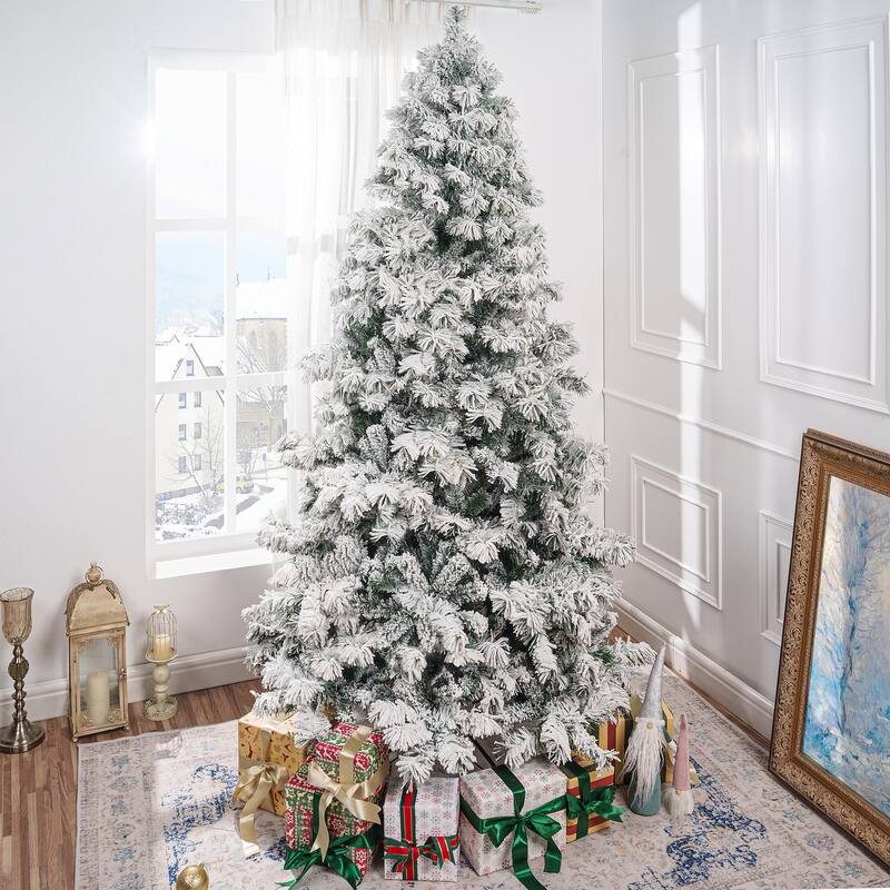 Snow-Flocked Pre-Lit Christmas Tree with Realistic Alaskan Pine Frosted Branches and Lights