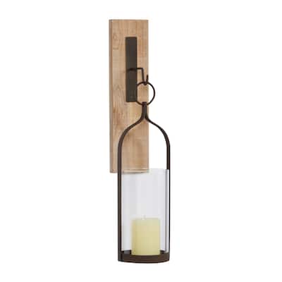 Wood Wall Sconce with Suspended Black Metal and Glass Holder - Brown - Roche River Decor - 6"W x 6"L x 23"H