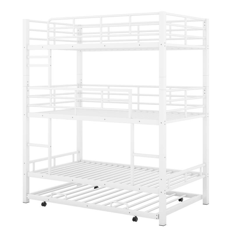 Space-Saving Metal Triple Twin Bunk Bed with Trundle, Guardrails, and Heavy Duty Steel Frame, Perfect for Large Families