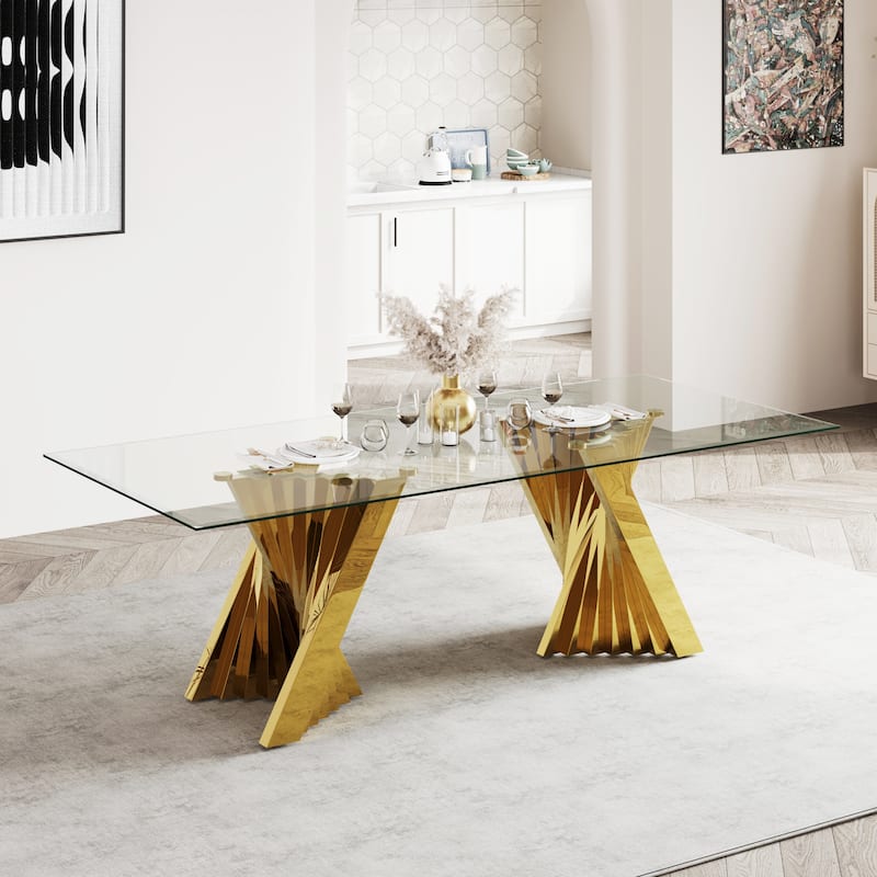 78 inch and 94 inch Glass Dinner Table Falcone Kitchen and Dining Table - Gold - 94 inch