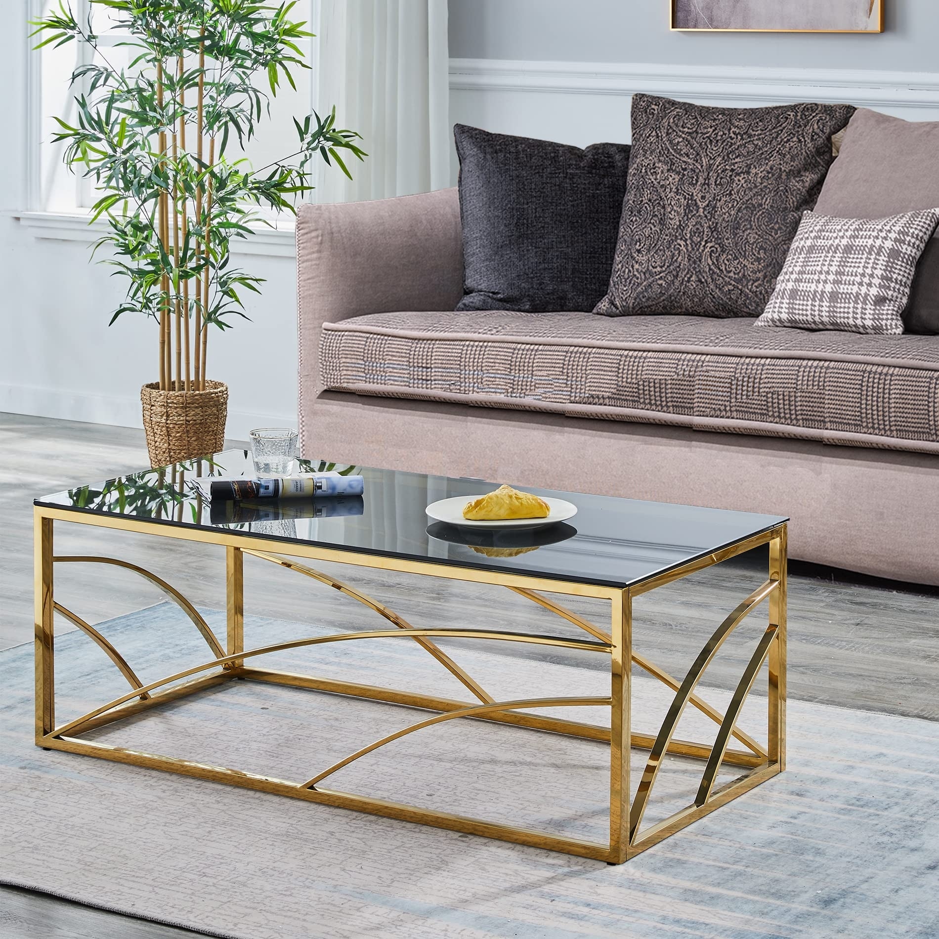 Gold Glass Coffee Table for Living Room Stainless Steel