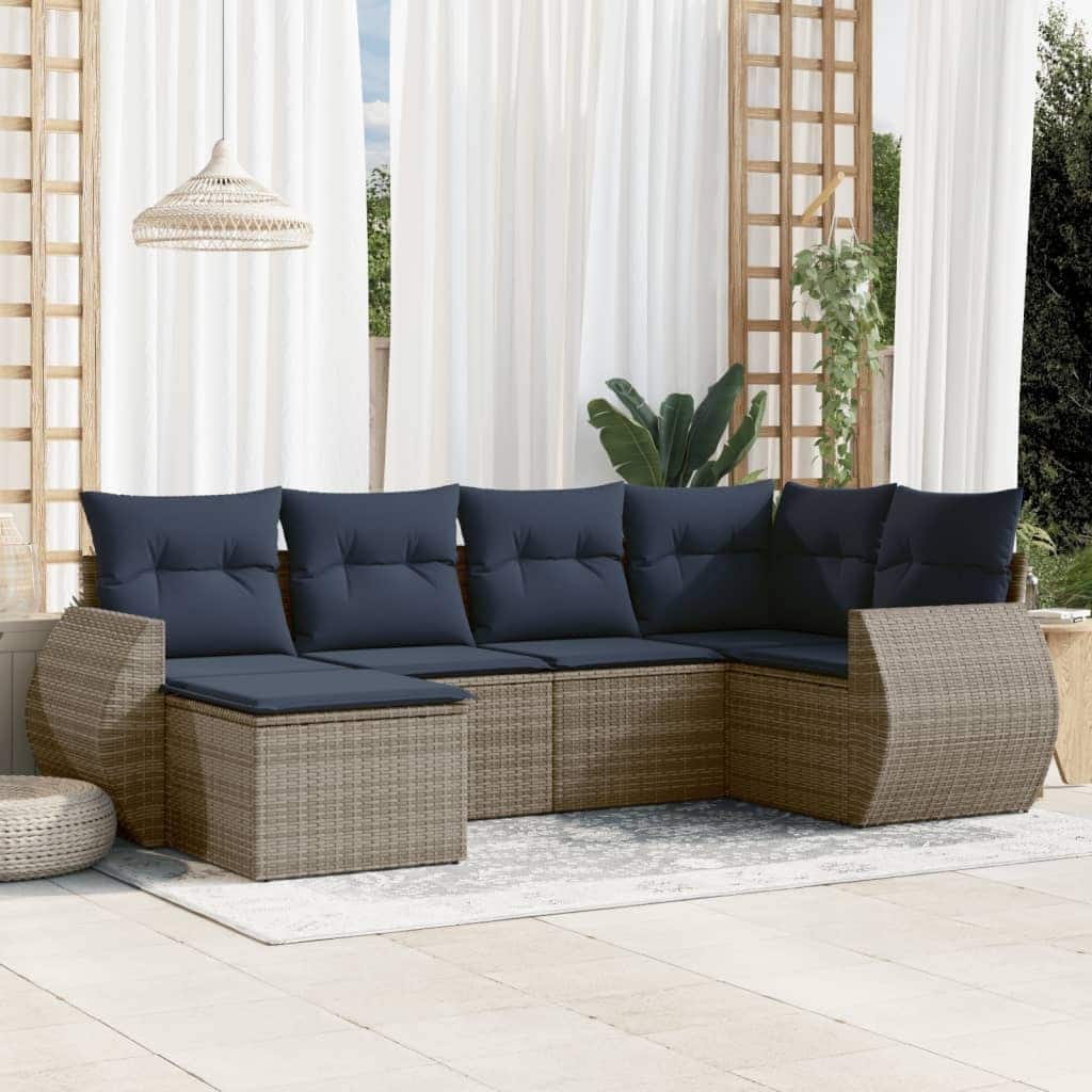 vidaXL 6 Piece Patio Sofa Set with Cushions Grey Poly Rattan - 24.4" x 24.4" x 27.2"