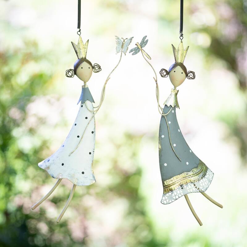 27 in. Metal Hand Painted Fairies with Bugs Hanging Decor, Set of 2