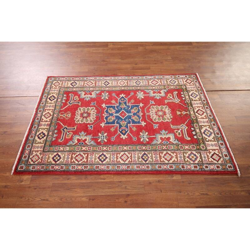 Geometric Red Kazak Oriental Accent Rug Handmade Wool Carpet - 3'4" x 5'0"