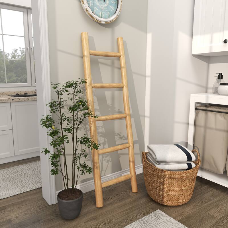 Teak Wood Handmade 5 Rung Ladder - Brown - Roche River Decor