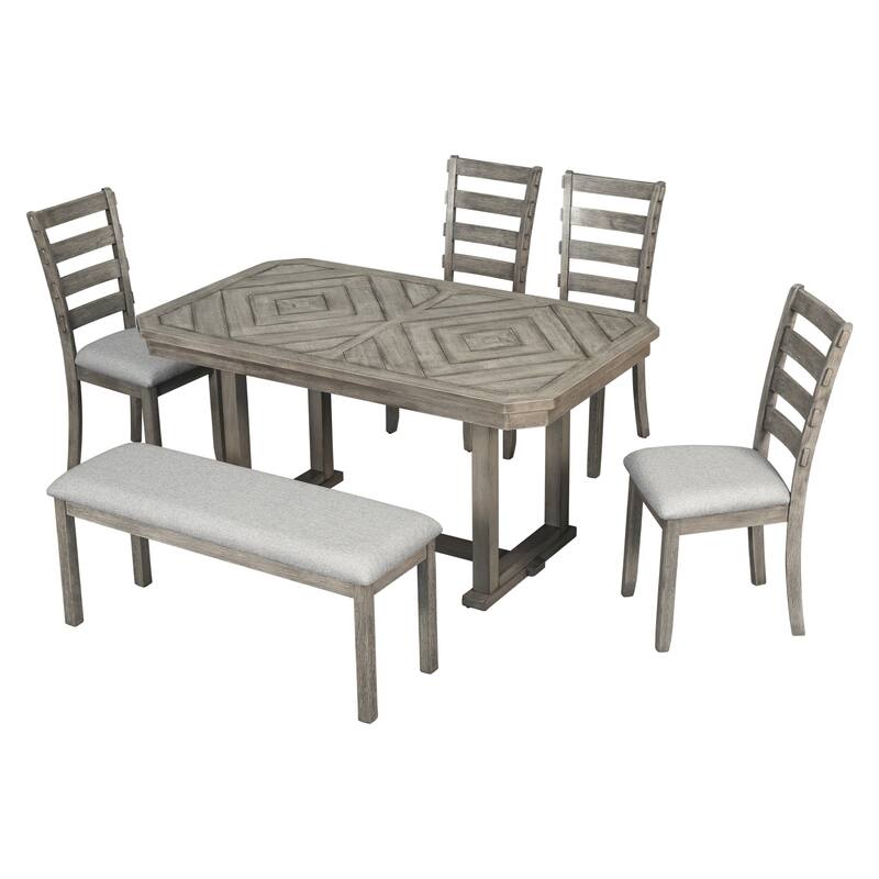 6Piece Rubber Wood Dining Table Set, Wood Grain Pattern Tabletop, with