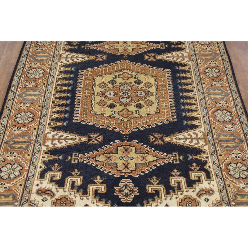 Geometric Navy Blue Viss Indian Area Rug Handmade Wool Carpet - 5'10" x 8'10"