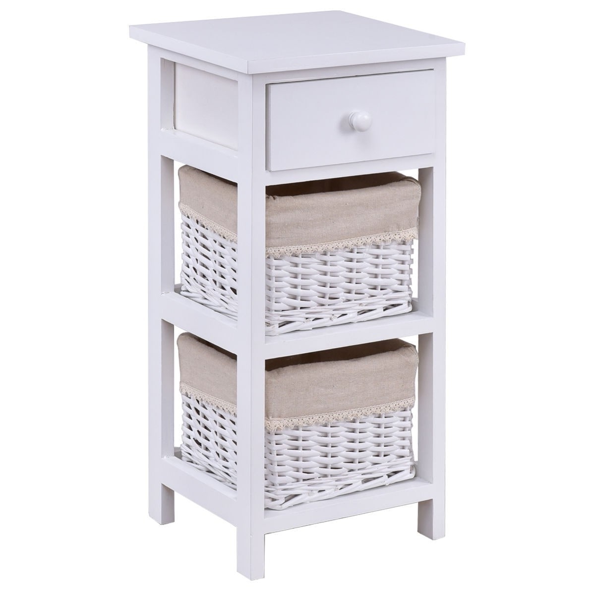 Shop White Wood 1 Drawer End Table Nightstand With 2 Wicker Baskets Overstock 29083775