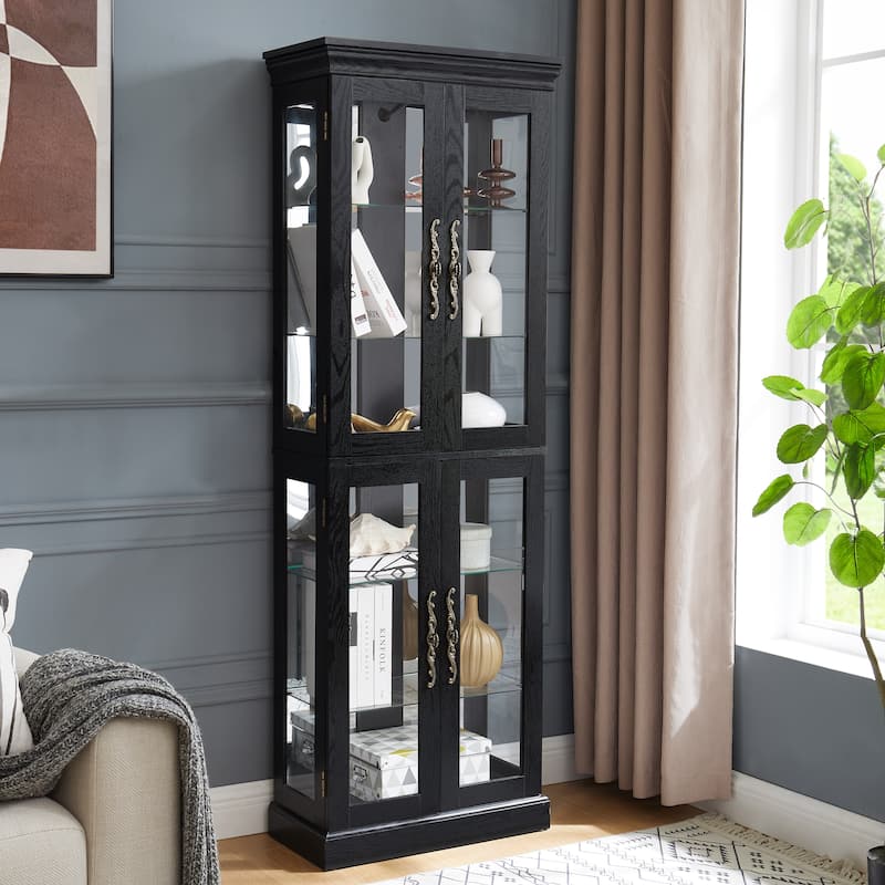Elegant Lighted Glass Curio Display Cabinet Wooden Frame Storage Includes Light Bulb Ideal for Wine, Toys & Collectibles