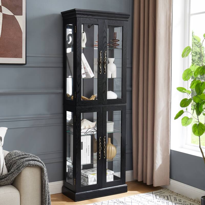 Lighted Glass Curio Display Cabinet with Wood Frame - Elegant Glass Storage for Wine, Toys & Collectibles -Bulb Included