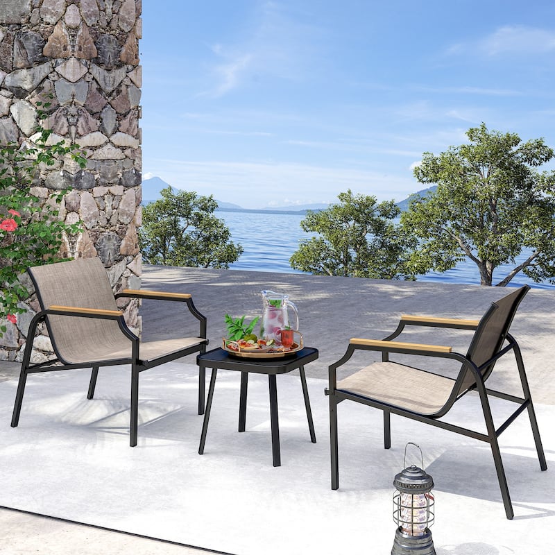 Outdoor 3-Piece Patio Set with Comfy Fabric Chairs and Glass Table for Porch or Balcony - 28" x 24" x 30"