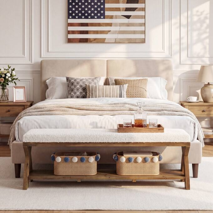 55" Solid Wood End of Bed Bench, 2-Tier Upholstered Dining Bench