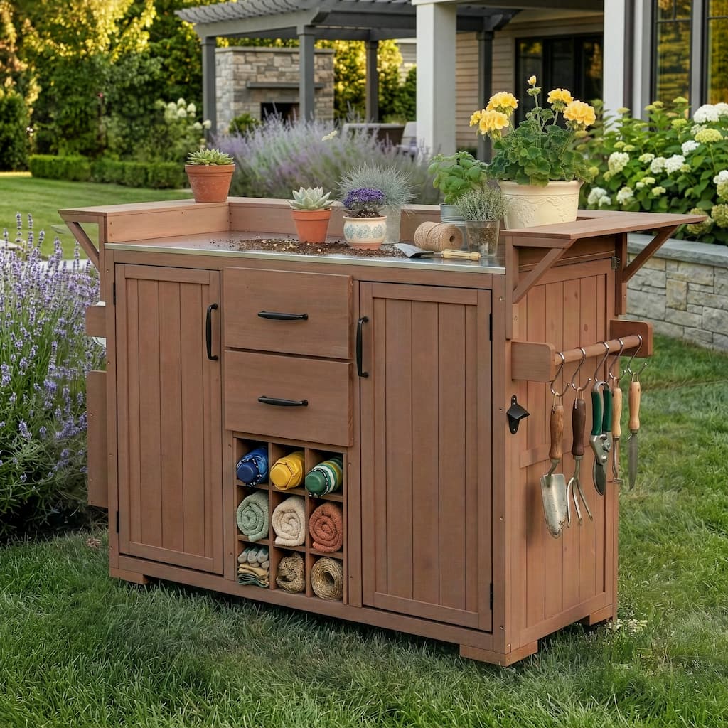 60" Rolling Outdoor Kitchen Island with Stainless Steel Top, Wood BBQ Prep Cart with Wine Rack & Drawers