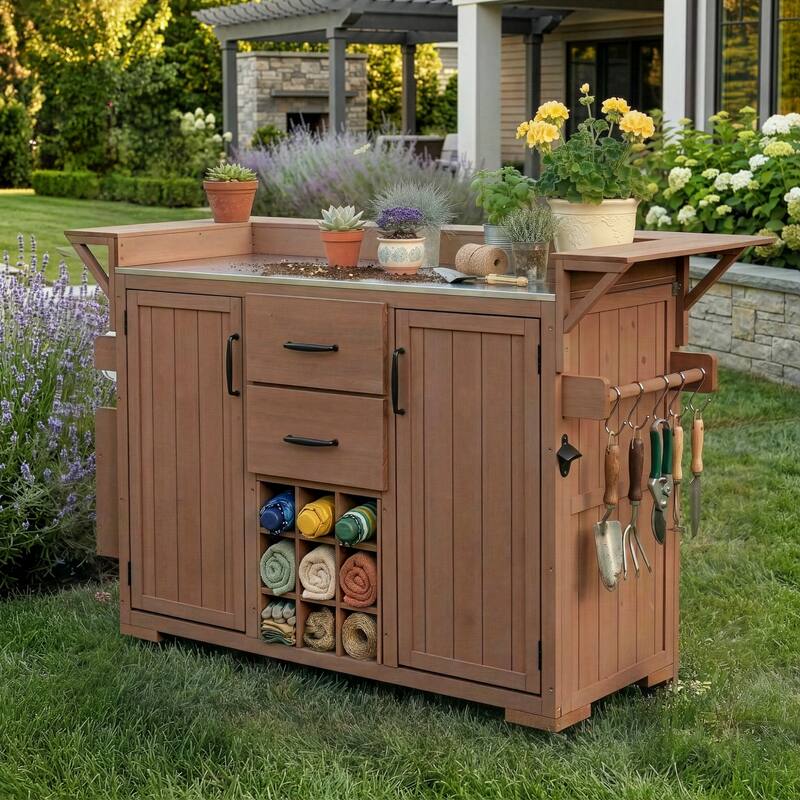 Roomfitters Outdoor Grill Cart and Kitchen Island, Stainless Steel Top, Portable Potting Bench with Storage, Wheels