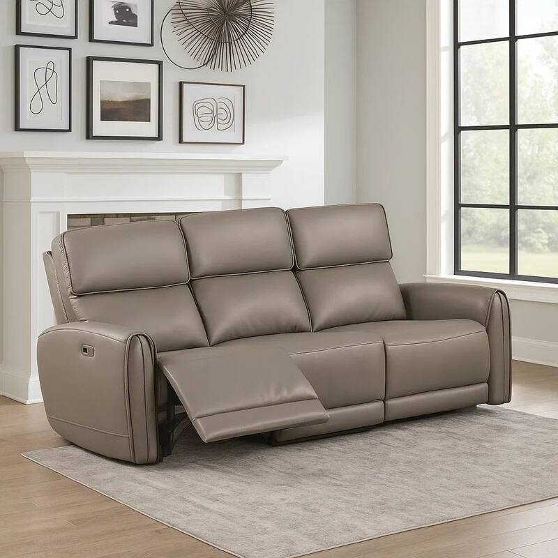 Sily Power Recliner Sofa, Light Brown Faux Leather, 81 Inch, USB Ports