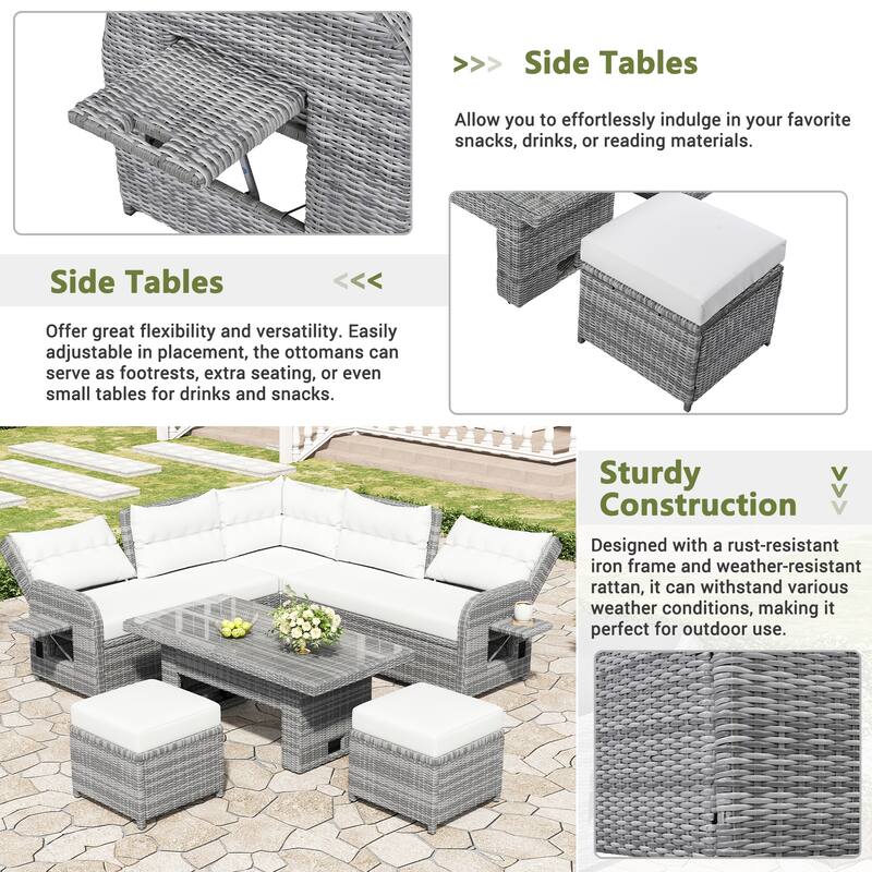 Patio Rattan Furniture Set with 1 Adjustable Table, Recliners with Extendable Side Tables, and 2 Ottomans