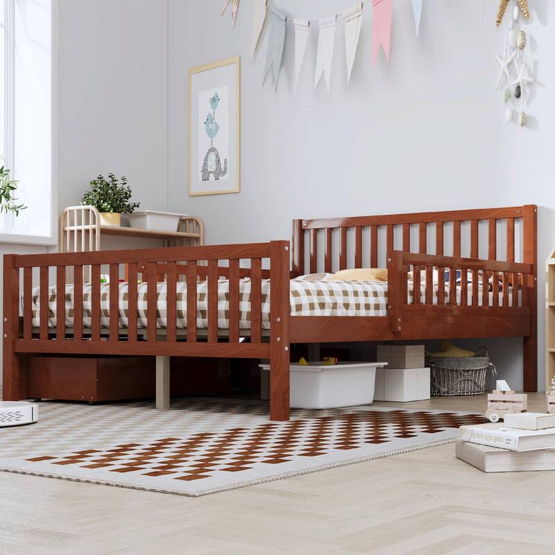 Wood Platform Bed with Guardrails on Both Sides and Two Storage Drawers