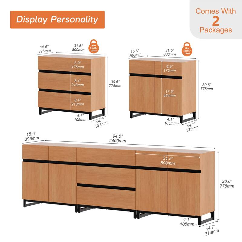 WAMPAT Modern TV Stand for TVs up to 100 inch, 3 in 1 TV Console with Adjustable Shelves and 3 Drawers for Living Room,Bedroom