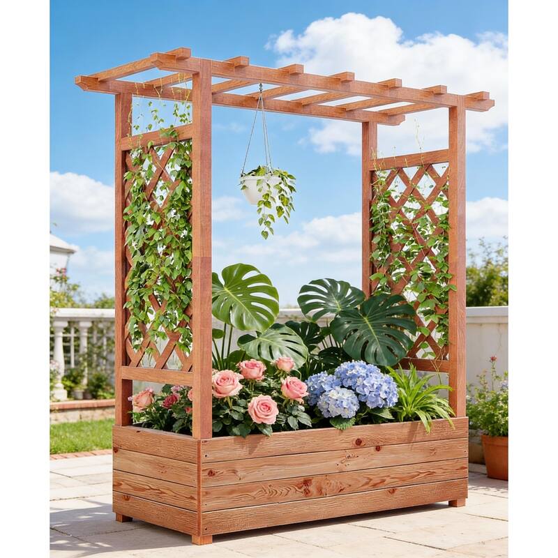 Raised Wooden Planter Box, with Trellis and Drainage Holes - 79"x17"x45"